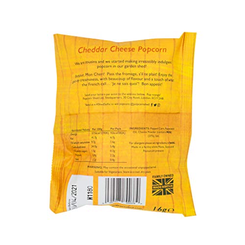 Popcorn Shed Say Cheese Gourmet Popcorn Snack Pack, Cheddar Cheese Flavoured Popcorn, Gluten Free, Low Calorie, Natural & Vegetarian Lunch Box & Movie Night Snacks, 16g
