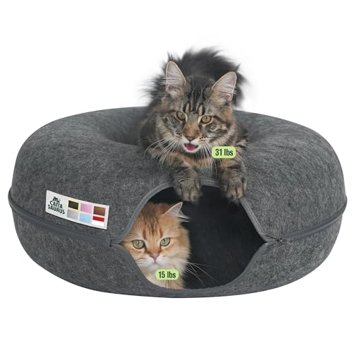 Image of Cattasaurus Peekaboo Cat Cave Donut for Multiple & Large Cats up to 30-45 lbs, 3-in-1 Self Warming Cat Bed, Tunnel & Scratcher for Indoor Cats, Washable & Detachable Small Dog Bed (Dark Gray, Jumbo)