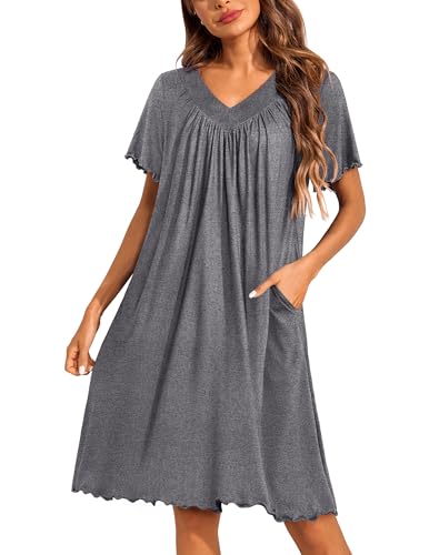 Ekouaer Nightgowns for Women Short Sleeve House Dress with Pockets Pleated Soft Moomoo V Neck Sleepwear,Mid Grey,XL