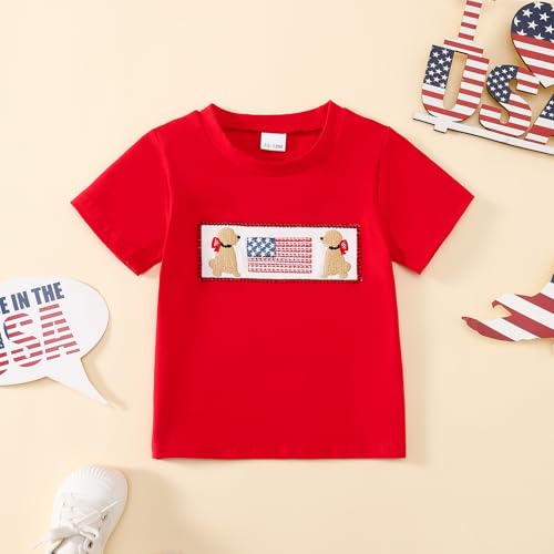 Image of Toddler Boy 4th of July Outfit Embroidered American Flag /Truck Shirt+Striped Shorts Independence Day 1-5T