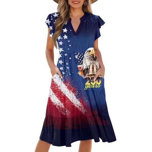Image of Women's Casual Ruffle Sleeve Dress V Neck Pullover Dress Flowy A-Line Pleated Lightweight Dress with Pockets