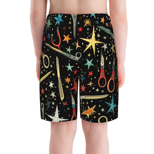 Boys Beach Shorts Quick Dry Swim Trunks Board Surf Summer Teen Kids, Barber Scissors Accessories Stars Retro4
