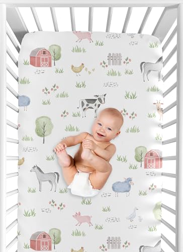Image of Sweet Jojo Designs Fitted Baby Crib Sheets (Farm Animals) for Boys or Girls, Infant Nursery, Toddler Room - Standard Size (Neutral, Farmhouse, Country, Barn Animal, Farms Theme, Cow, Pig, Grey Horse)