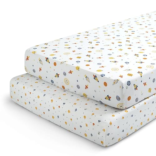 Image of Delta Children Fitted Crib Sheets for Girls and Boys - Crib Sheet for Standard Crib and Toddler Mattresses - 28x52 Inch (Pack of 2), Space Exploration