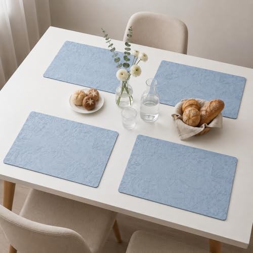 Image of Yelona Premium Faux Leather Placemat Set of 4 | Printed Floral Design, Waterproof & Heat Resistant Table Mat | Non-Slip, Washable for Dining, Kitchen & Home Decor (Sky Blue, 43 x 30 cm)