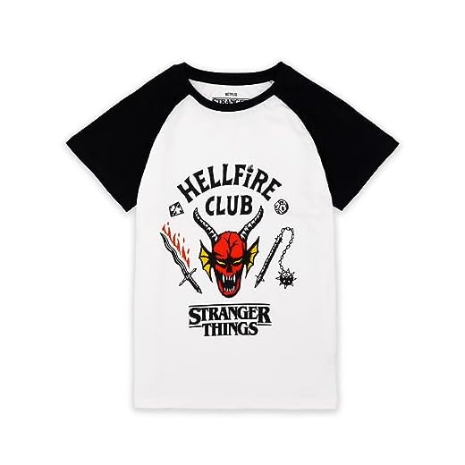 Stranger Things Hellfire Club Raglan Camiseta para niños | Boys Girls Hawkins Society Eddie Black & White Outfit | Temporada 4 Mercancía 9-10 años