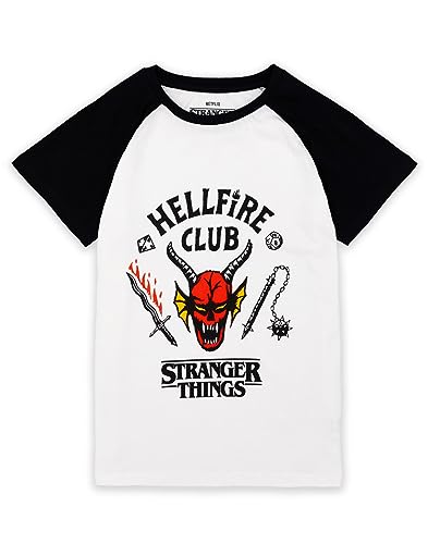 Stranger Things Hellfire Club Raglan Camiseta para niños | Boys Girls Hawkins Society Eddie Black & White Outfit | Temporada 4 Mercancía 13-14 años