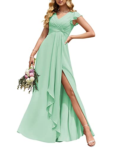 Hochzeit Trauzeugin Kleider Elegant Lange Empire Taille Plissee Flowy Rüschen Abendkleider mit Schlitz, mint, 44