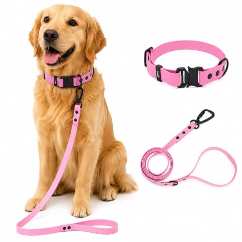 Image of Adil's Biothane Waterproof Dog Collar, Dog Leash & Collar Leash Combo | Heavy Duty TPU Coated Webbing | Adjustable Quick Release Buckle | Odour Resistant (Pink, M-18, Collar & Leash Combo)