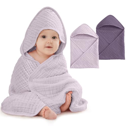 Image of Unnivoll Hooded Baby Towels for Newborn - 2 Pack, 100% Muslin Cotton, Baby Bath Towels with Hood, Soft and Absorbent for Girls Infant, Toddler and Kids, Large 32x32 Inches, Newborn Essential