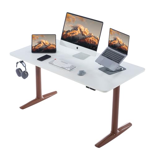 Deroavixe Electric Standing Desk, Height Adjustable Desk with Round Tube Legs, 55 x 28 Inches Memory Sit Stand up Desk, Home Office Workstation (White Desktop + Brown Leg)