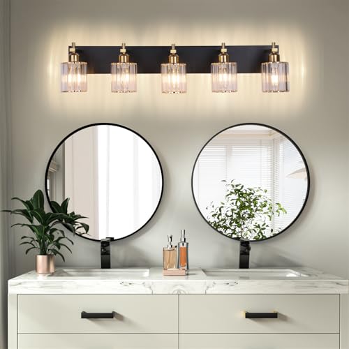 Image of She's home 5-Light Vanity Lights for Bathroom: Black Gold Vanity Lights with Crystal Glass Shade, Modern Crystal Bathroom Light Fixtures Over Mirror, 34inch Black Gold Wall Sconce for Bath, E26 Base