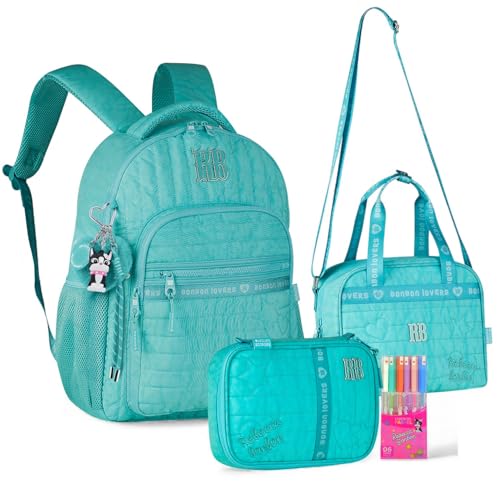 Rebecca Bonbon Kit Escolar, Conjunto com Mochila, Lancheira e Estojo, Acessório Escolar Infantil com Canetas Coloridas, Chaveiro Decorativo, Material Resistente (Verde Tiffany)
