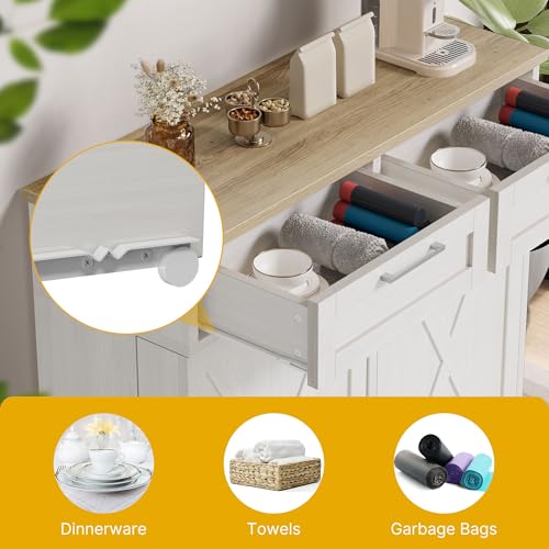 DWVO Tilt Out Trash Can Cabinet, 10 Gallon Kitchen Garbage Cabinet with 2 Drawers & Adjustable Shelves, Trash Bin Cabinets for Kitchen Living Room, Off White