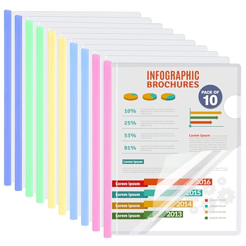 10 Pack Report Covers with Multi-Color Sliding Bar - Clear Plastic Presentation Folders for A4 & Letter Size Paper, 70 Sheet Capacity File Document Binder for School, Office, Resume & Business Use
