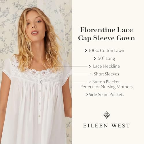 Image of Eileen West Queen Anne's Lace Womens Sleepwear & Loungewear - Florentine Lace Collection - 100% Cotton Soft Long Nightgown