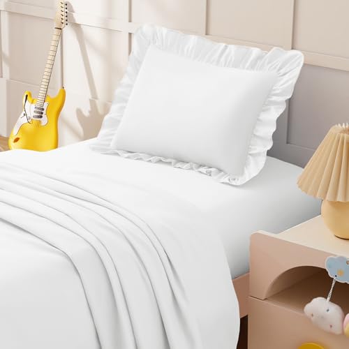 Image of KKJIAF 3 Piece Toddler Sheet Set Microfiber, Includes a Flat Sheet, a Fitted Sheet and a Ruffle Pillowcase, White