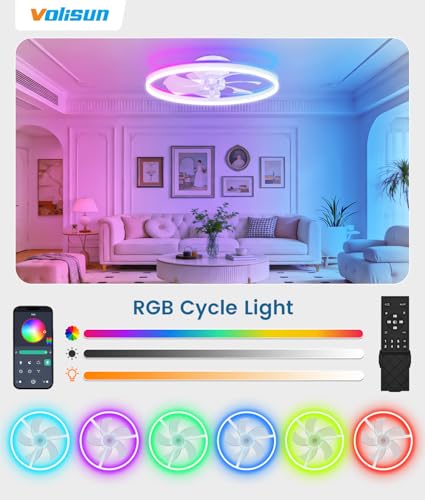 Image of VOLISUN RGB Ceiling Fans with Lights and Remote, 23.6in Low Profile Ceiling Fans with Lights Flush Mount, 3000K-6500K Dimmable Fandelier LED Fan Light, White Bladeless Ceiling Fans for Bedroom