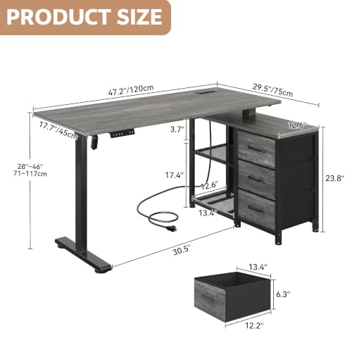 Image of 47 inch L Shaped Desk with 3 Drawers Electric Standing Desk, Grey