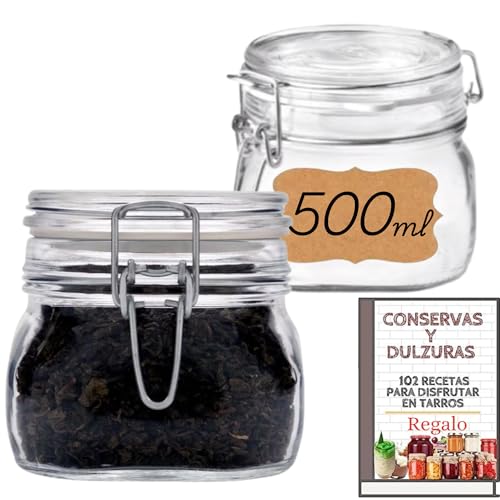 4 Tarros de Cristal Herméticos 500 ml – Botes Herméticos de Medio Litro Almacenamiento para Alimentos, Conservación Fresca y Organizada - Cierre con juntas de Silicona- Incluye Etiquetas (0,5 litros)