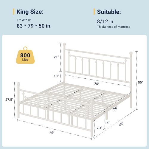Image of Allewie 14'' King Size Metal Platform Bed Frame, Vintage Headboard, White