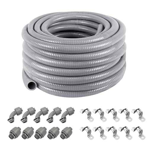 Z 3/4" Dia * 50 Feet Flexible Electrical Conduit Liquid Tight PVC Conduit Kit - UL Listed PVC Non-Metallic with 5 Straigh, 5 Angled Fittings and 10 Strap, UV Resistant for HVAC/Outdoor/Burial by Z - Used condition - US$40.93