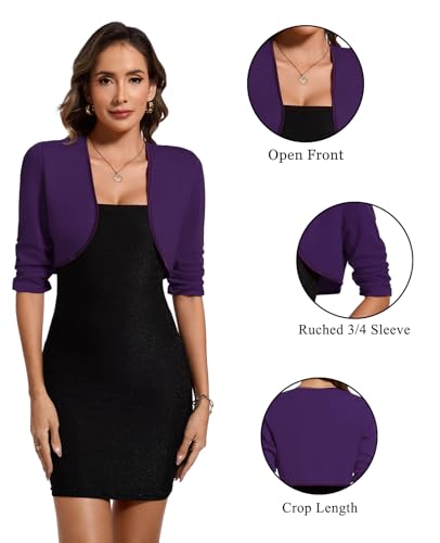 Image of MINTLIMIT Bolero Cardigans for Women Ruched 3 /4 Sleeve Open Front Cropped Cardigan Boleros Shrug Jackets for Evening Dresses