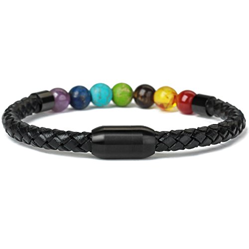 Healing Balancing Genuine Leather Beads Bracelet Magnetic Clasp Bracelet 8.5"2