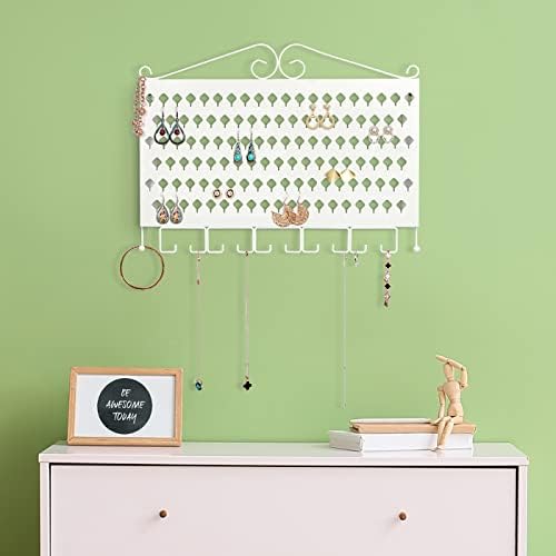 J JACKCUBE DESIGN Wall Mounted Jewelry Organizer, Earring Necklace Bracelet Rings, Accessories Holder Display Hanger Rack with 117 Holes & 12 Hooks (White, 16.54 x 12.2 x 0.75 inches) - MK319B
