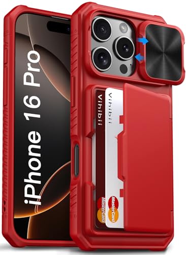 Image of Vihibii for iPhone 16 Pro Wallet Case with Card Holder (4 Cards) [RFID Blocking] & Slide Camera Cover & Raised Edges Protect Screen, Shockproof Rugged Phone Cover for iPhone 16 Pro 5G 6.3 inch 2024, Red
