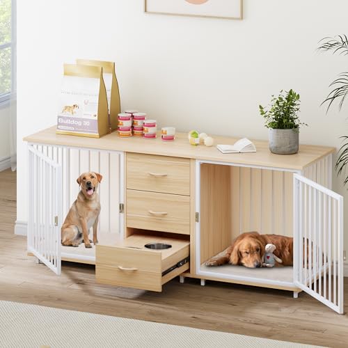 YITAHOME-74-Double-Dog-Crate-Furniture-with-2-Feeder-Bowls-Wooden-Dog-Kennel-TV-Stand-with-Room-Divider-for-2-Large-Medium-Small-Dogs-Walnut-White YITAHOME 74 Double Dog Crate Furniture with 2 Feeder Bowls Wooden Dog Kennel TV Stand with Room Divider for 2 Large Medium Small Dogs Walnut White