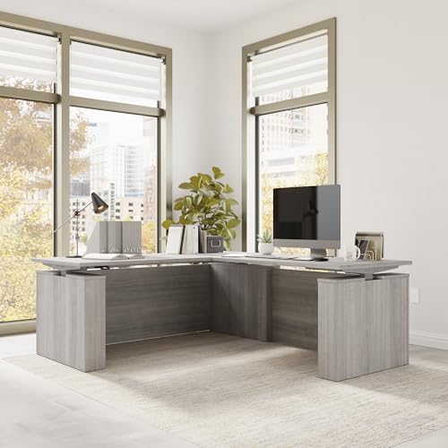 Image of Bush Business Furniture 72-inch Electric Height Adjustable L Shaped Standing Desk, Ergonomic Sit-Stand Computer Table for Office, Stratus Collection, Platinum Gray with Metallic Gray Base