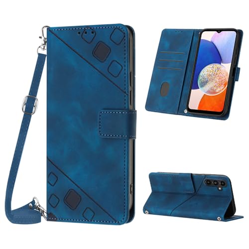 Mo-Beauty Funda para Samsung Galaxy A14 5G, Funda Antigolpes de Piel Prémium Cruzada, Correa Ajustable [3 Ranuras] [Soporte] [Hebilla Magnética] Compatible con Samsung A14 - Azul