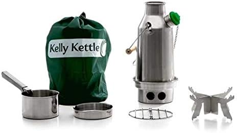 Kelly Kettle 'Trekker BASIC KIT - in Stainless Steel (0.6 liter Kettle + Cook Set + Base Support) | Boil Water & Cook Fast Outdoors | Camp Kettle & Wood Stove in 1 | Hike, Picnic | Weight 0.98kg