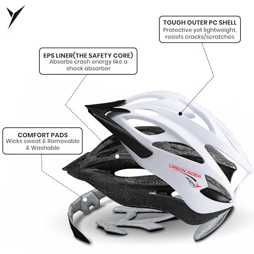 Image of Jaspo Urban Rider Plus Cycling Helmet with Adjustable Spin Dial (Upto 5cm) | Detahcable Visor | Quick-Release Buckle with Padded Chin Strap | Ideal for Men, Women & Kids (White, Large (58-63cm))