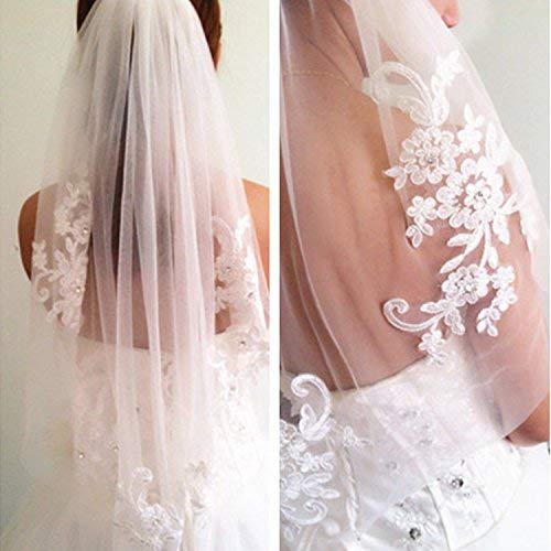 Kercisbeauty Bridal Lace Embroidery Hollow Out Flower White and Ivory Veil Drop Wedding with Hair Comb Crystal Beads Wide Lace Veil Chapel Veil Single Layer Veil Wedding Hair Accessories (Ivory)