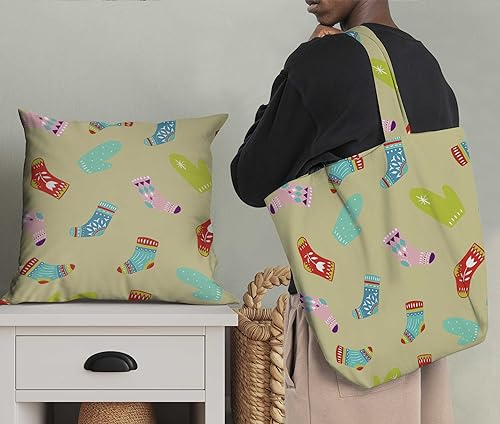 Image of Soimoi Beige Polyester Crepe Fabric Socks & Gloves Folk Art Print Fabric by the Meter 42 Inch Wide