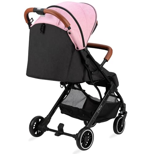 MoMi ESTELLE Kinderwagen ab 6. Monat (bis 15 kg), klappbarer Buggy mit 5-Punkt-Sicherheitsgurt, Einkaufskorb und Liegefunktion, Teleskop-Stange zum Ziehen, steht nach dem Zusammenklappen