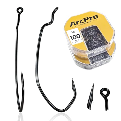 ArcPro Drop Shot Hooks, 100pcs Improve EWG Worm Hooks, Bass Fishing Hooks for Freshwater and Saltwater, High Carbon Steel Texas Rig Hooks with Portable Plastic Box, Black 1#