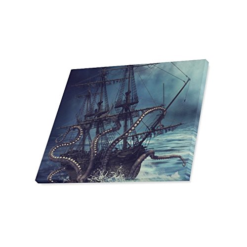 Interestprint Octopus Tentacles And Pirate Ship In Night Scene Modern Canvas Prints Painting Wood Framed Wall Art For Home Decoration Wall Decor, 20 X 16 Inches #TOP1