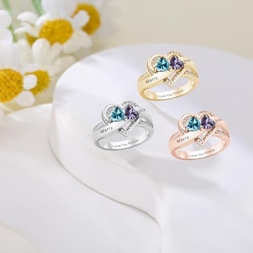 Custom Birthstone Promise Rings for Her Solid 10k 14k 18k Gold Engraved 2 Names Personalized 2 Heart Birthstones Christmas For Mom Wife Lover4