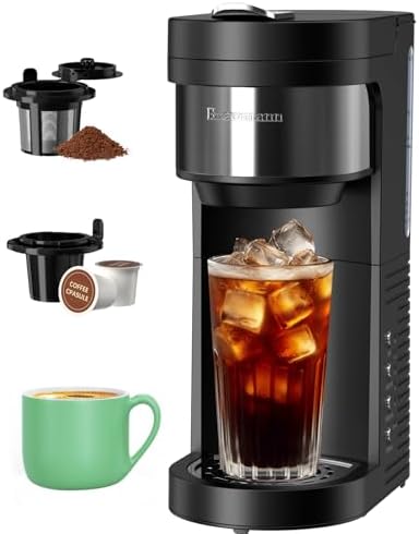 Brewmann Single Serve Hot & Iced Coffee Maker, for K Cup Pod and Grounds, 6 to 24oz Brew Size, Slim Compact for Small Spaces, Descaling Reminder, with Reusable Filters, Black