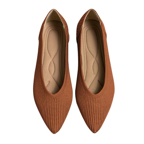 TINGRISE Women's Flats Shoes Pointed Toe Knit Ballet Comfortable Dressy Slip On Flat Brown 6UK