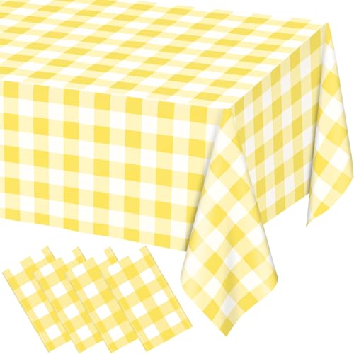 Image of WNINK 4 Pack Light Yellow Gingham Rectangular Plastic Tablecloths, Yellow and White Checkered Disposable Table Covers 54 inch x 108 inch for Birthday, Wedding, Bridal Shower, Outdoor Picnic Camping Parties