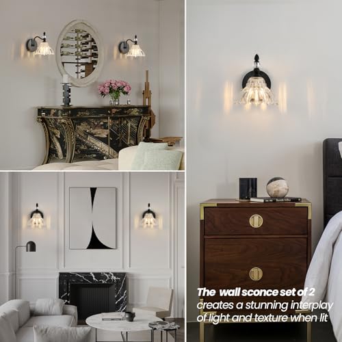 Image of Vintage Wall Sconces, Black Bathroom Sconces Set of 2, Indoor Hardwired Wall Lighting Modern Crystal Bedside Wall Lamp with Floral Glass Shade for Mirror Living Room Hallway