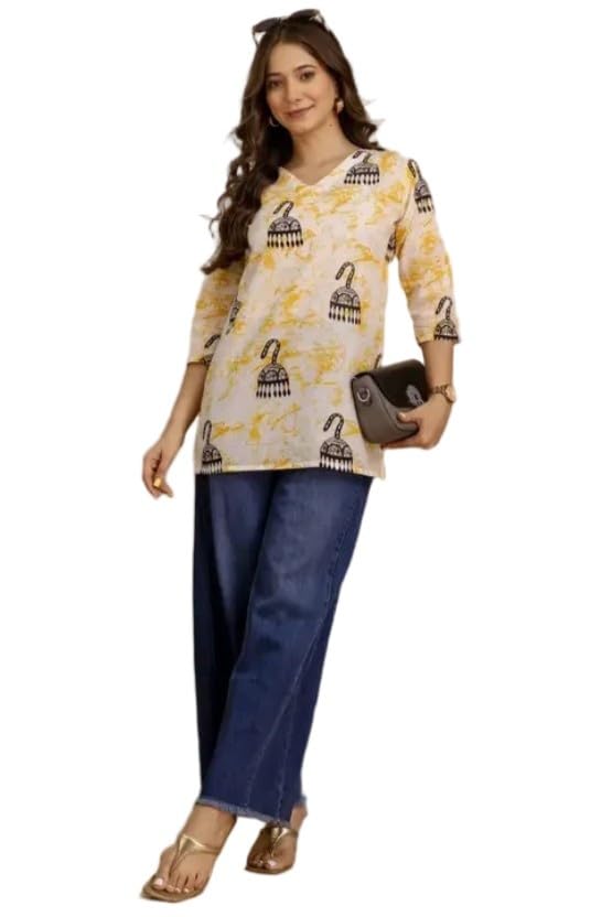 Image of Women's Short Kurti in Multicolor Rayon Cotton Blend | Ladies Ethnic Tunic | Office