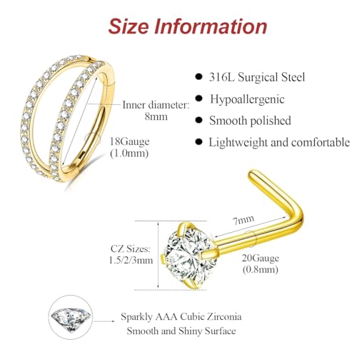 18G/16G Nose Rings Hoop and 20g Nose Studs Sets for Women Men, Hypoallergenic 316L Surgical Steel Hinged Clicker Segment CZ Nose Hoops Double Hoop Nose Ring Septum Lip Helix Cartilage Daith Tragus Sleeper Earrings Gold Silver L Shape/Corkscrew Nose Studs Nostril Small Piercing Jewelry, Pack of 4Pcs2