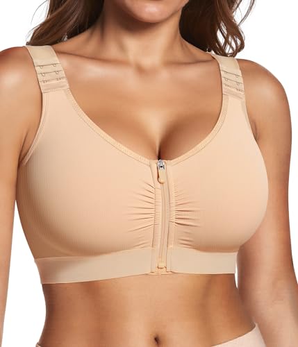 BRABIC Zip Front Closure Mastectomy Bras for Women Post Surgery Compression Everyday Surgical Wireless Wide Adjustable Straps(Nude Large)