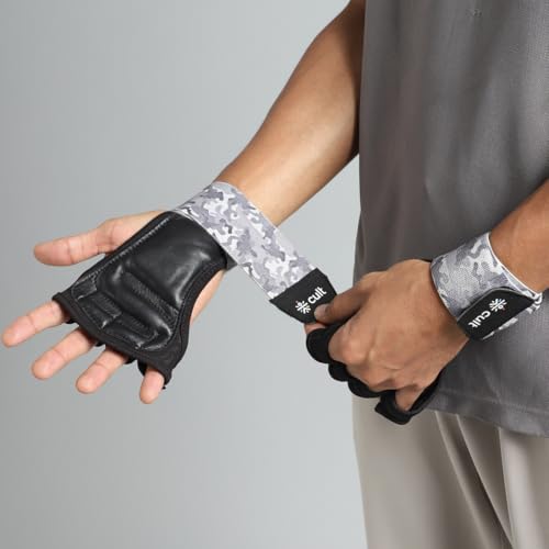 Image of CULT Leather Gym Gloves with Wrist Wrap Support for Weightlifting & Powerlifting | Heavy Duty Leather Half Finger Workout Gloves for Men & Women, Anti-Callus Gym Grip (Size S-M)