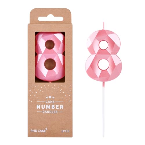 PHD CAKE 2.76 Inch Crystal Pink 8 Number Birthday Candles, Pink Cake Candles for Party Celebration
